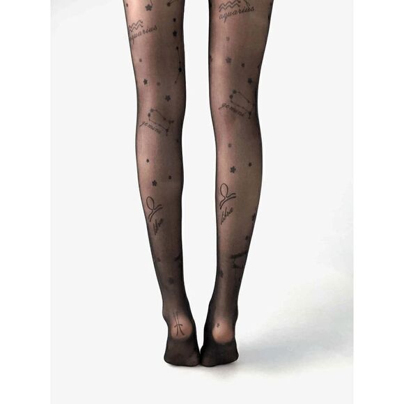 ⭐ Astrology Zodiac Constellations Tattoo Printed Black Sheer Nylon Tights NEW - Picture 2 of 16